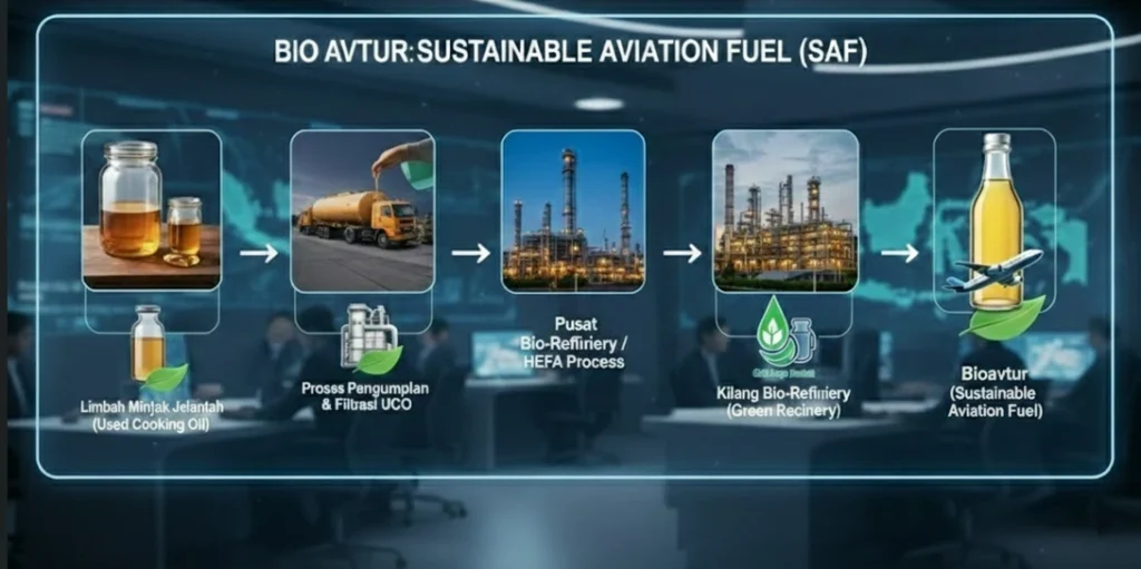 proses pengolahan limbah minyak jelantah menjadi bioavtur sustainable aviation fuel